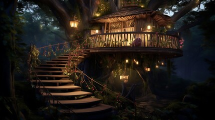 Plan an enchanted forest treehouse with wooden bridges, fairy houses, and a canopy bed suspended among the branches, providing a magical retreat