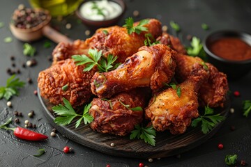 Appetizing crispy fried chicken wings served on a wooden plate, seasoned with herbs and accompanied by sauces