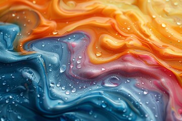 A vibrant, abstract image of colorful swirls with water droplets exuding a sense of fluidity and...