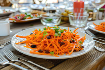Beautiful table setting with Moroccan carrot salad with carrots and raisins - 787233055
