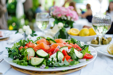 Beautiful table setting in the garden with Greek salmon salad and blurred people dining in the background - 787233065