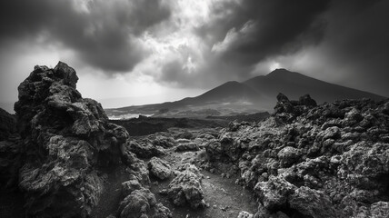 Mountain image captured in black and white tones. Mountain surrounded by rocks and cloudy sky. Landscape photography. Gloomy and depressing image of mountains and sky. - Powered by Adobe