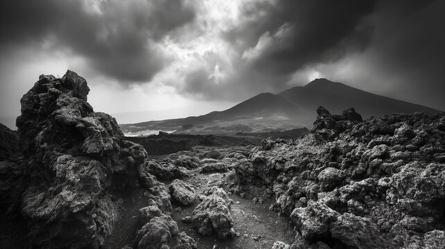 Mountain image captured in black and white tones. Mountain surrounded by rocks and cloudy sky. Landscape photography. Gloomy and depressing image of mountains and sky.