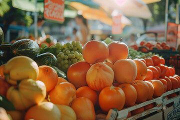 A colorful market stall overflowing with fresh fruits and vegetables like tomatoes, apples, and oranges