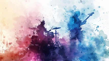 Fotobehang A painting depicting a drum player passionately performing amidst a vibrant and colorful background, showcasing energy and rhythm © sommersby