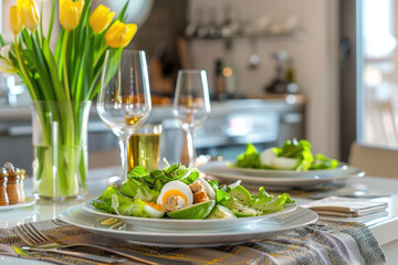 Beautiful table setting with spring Cobb salad with avocado, eggs,  croutons and lemon dressing - 787233248