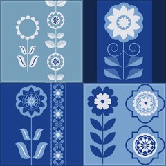 Blue and white flowers as seamless pattern. Abstract background for textile design, surface textures, wrapping paper. Set of floral.