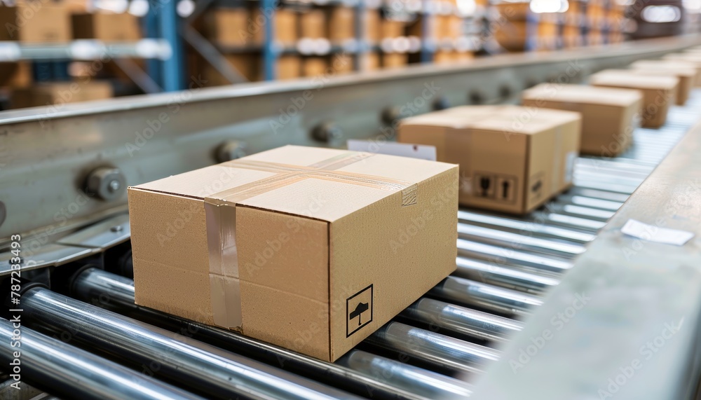 Poster automated e commerce logistics conveyor belt system with rows of cardboard boxes in warehouse