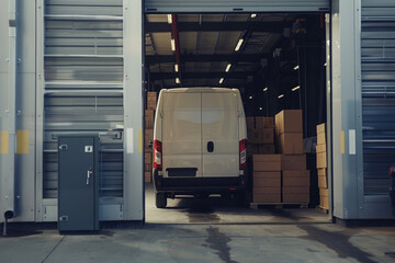Delivery van loaded with cardboard boxes at logistics warehouse. Truck delivering boxes, online orders, purchases, e-commerce goods - 787233441