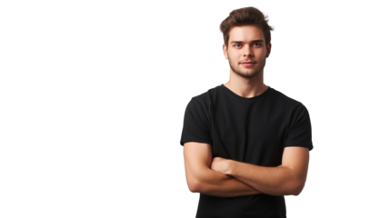 young man in black t shirt isolated on transparent background, boy cutout 