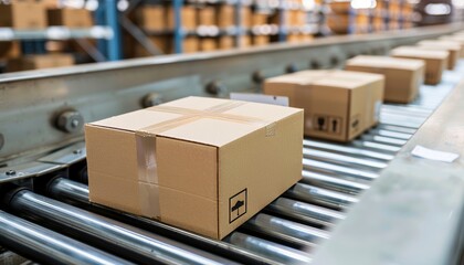 Automated e commerce logistics  conveyor belt system with rows of cardboard boxes in warehouse