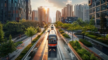 A modern urban environment with self-driving buses and adaptive traffic control strategies leading to smoother and safer commuting