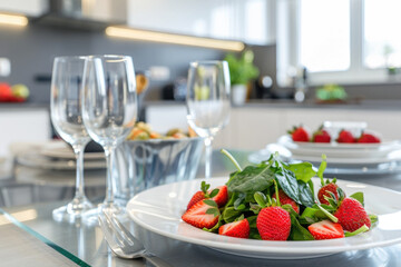 Beautiful table setting with strawberry spinach salad served on the plate - 787233640