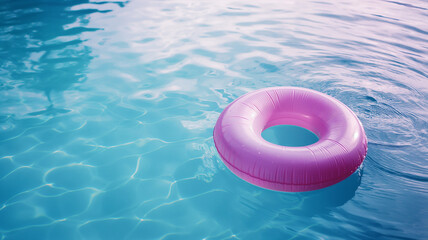 Pink inflatable ring floating on the edge of the pool. Holiday concept pool and ring pool cover photo.
