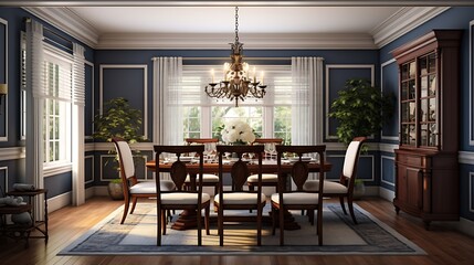 Plan a classic colonial dining room with mahogany accents and brass chandeliers