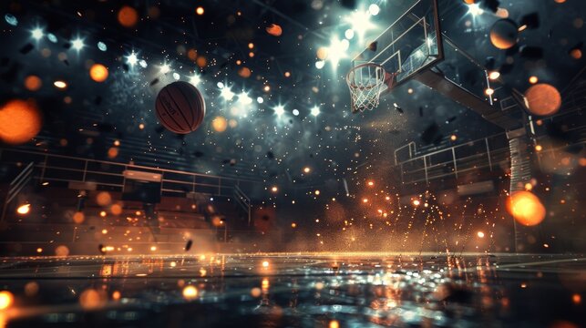 A basketball court with the ball flying towards the hole. Generate AI image