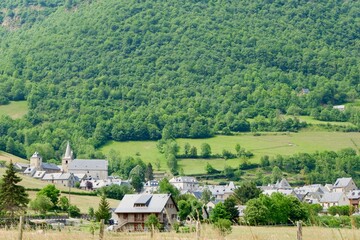 Outskirts of French village of Arreau, Pyrenees mountains, France