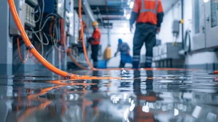 Maintenance workers dealing with a flooded electrical room by cleaning out deep water - obrazy, fototapety, plakaty