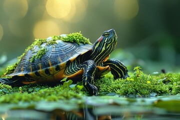 A serene turtle with a moss-covered shell blends into the vibrant green environment, radiating a sense of calm and longevity