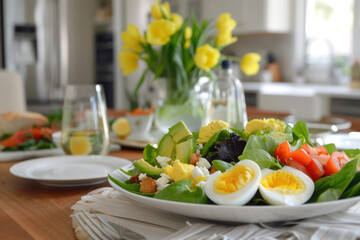 Beautiful table setting with spring Cobb salad with avocado, eggs,  croutons and lemon dressing - 787234210