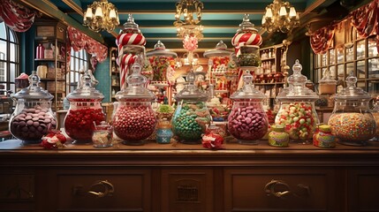 Plan a classic old-timey candy shop with glass jars filled with colorful sweets, striped awnings, and a nostalgic atmosphere - obrazy, fototapety, plakaty