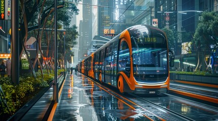 A glimpse into a future urban environment where self-driving buses and integrated traffic management systems revolutionize transportation - obrazy, fototapety, plakaty