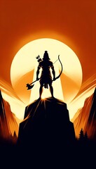 Illustration for parshuram jayanti with a silhouette of lord parshuram with bow and axe.
