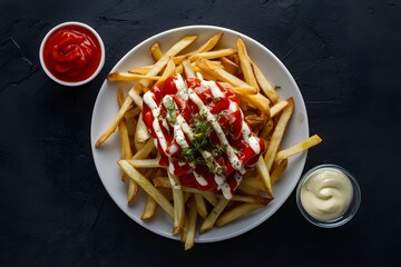 Crispy fries with tomato sauce and mayonnaise in foodgraphy - obrazy, fototapety, plakaty