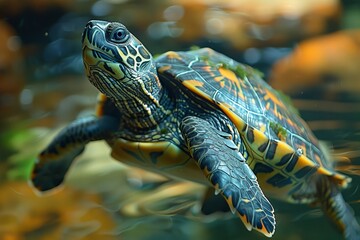 Obraz premium A vibrant turtle swimming gracefully in a clear water habitat with rocks and light reflections