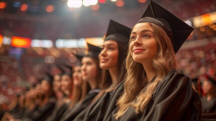 Group of Women in Graduation Gowns Sitting in a Row