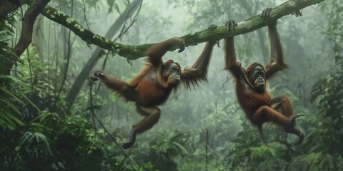 Two orangutans swing from tree branches in a foggy, dense jungle, exhibiting the freedom of wildlife in its natural habitat