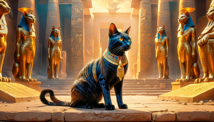 Golden Egyptian magic divine cat, cat in the temple of the Egyptian goddess - obrazy, fototapety, plakaty