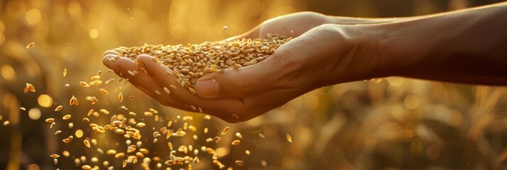 Hands pouring a handful of wheat grains - obrazy, fototapety, plakaty