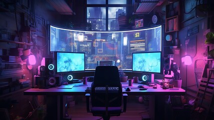Plan a cyberpunk hacker's den with neon lights, glowing LED displays, and a chaotic mix of retro and futuristic technology - obrazy, fototapety, plakaty