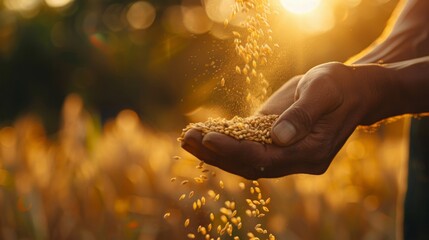 Close-up of hands carefully throwing a handful of wheat grains into the soil - obrazy, fototapety, plakaty