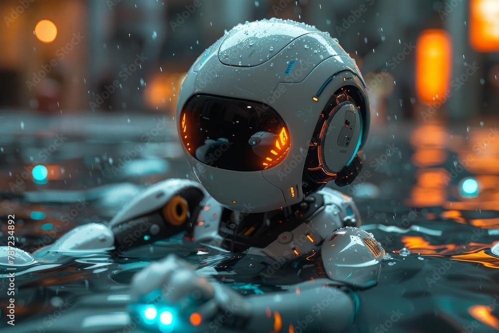 Aufkleber a high-tech robot with its head submerged in water, showcasing a blend of technology and elements in