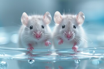 Two adorable white mice perched on glass with water drops, creating a fascinating mirror effect