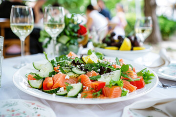 Beautiful table setting in the garden with Greek salmon salad and blurred people dining in the background - 787234811