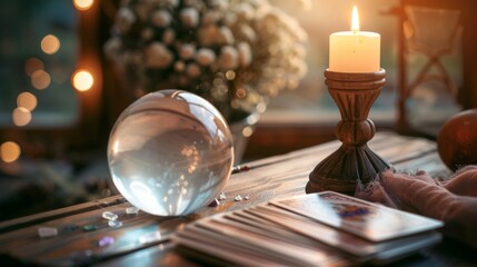 Wooden table covered with a white candle, crystal ball and tarot cards - obrazy, fototapety, plakaty