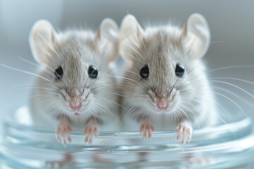 Two curious mice exploring a reflective surface surrounded by water droplets