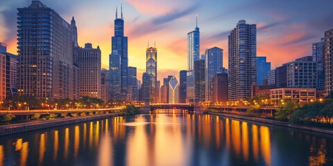 A majestic capture of the Chicago skyline mirroring over the calm river water as dusk sets in - obrazy, fototapety, plakaty