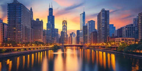 Foto op Plexiglas A majestic capture of the Chicago skyline mirroring over the calm river water as dusk sets in © gunzexx