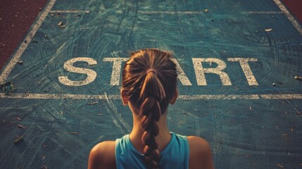 Runners preparing to start from the starting line of the athletics track, with the text start engraved