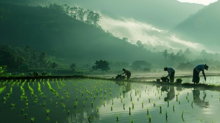 Farmers carefully planting seedlings in green rice fields