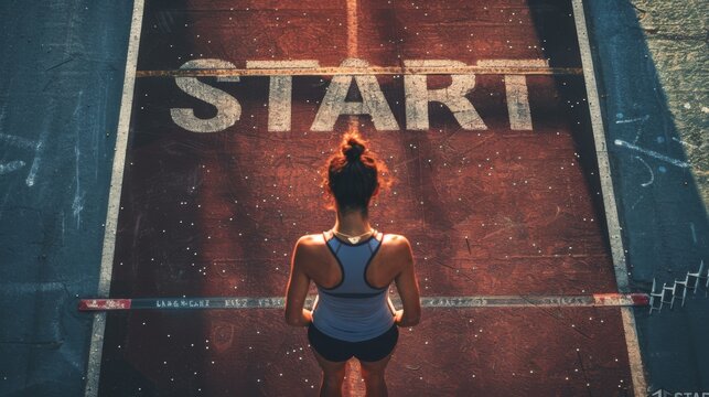 Female athlete stands on the starting line of the world athletics start