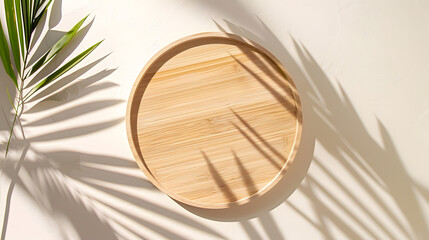 Trendy Summer layout made with bamboo round card on white background Exotic shadow concept with copy space Tropical palm leaf shadow on flat bamboo blank : Generative AI