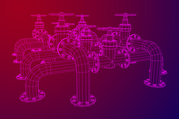 Oil pipeline with valve. Petrol production. Petroleum fuel industry transportation line. Wireframe low poly mesh vector illustration