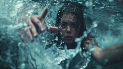 Drowning woman, her raised hand reaches out to the waves