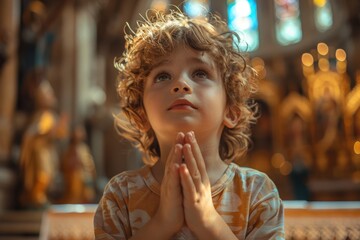 Young child with curly hair praying with eyes looking upwards in a church setting Innocence and spirituality depicted