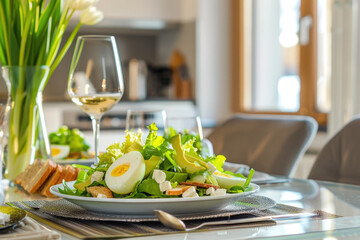 Beautiful table setting with spring Cobb salad with avocado, eggs,  croutons and lemon dressing - 787235406